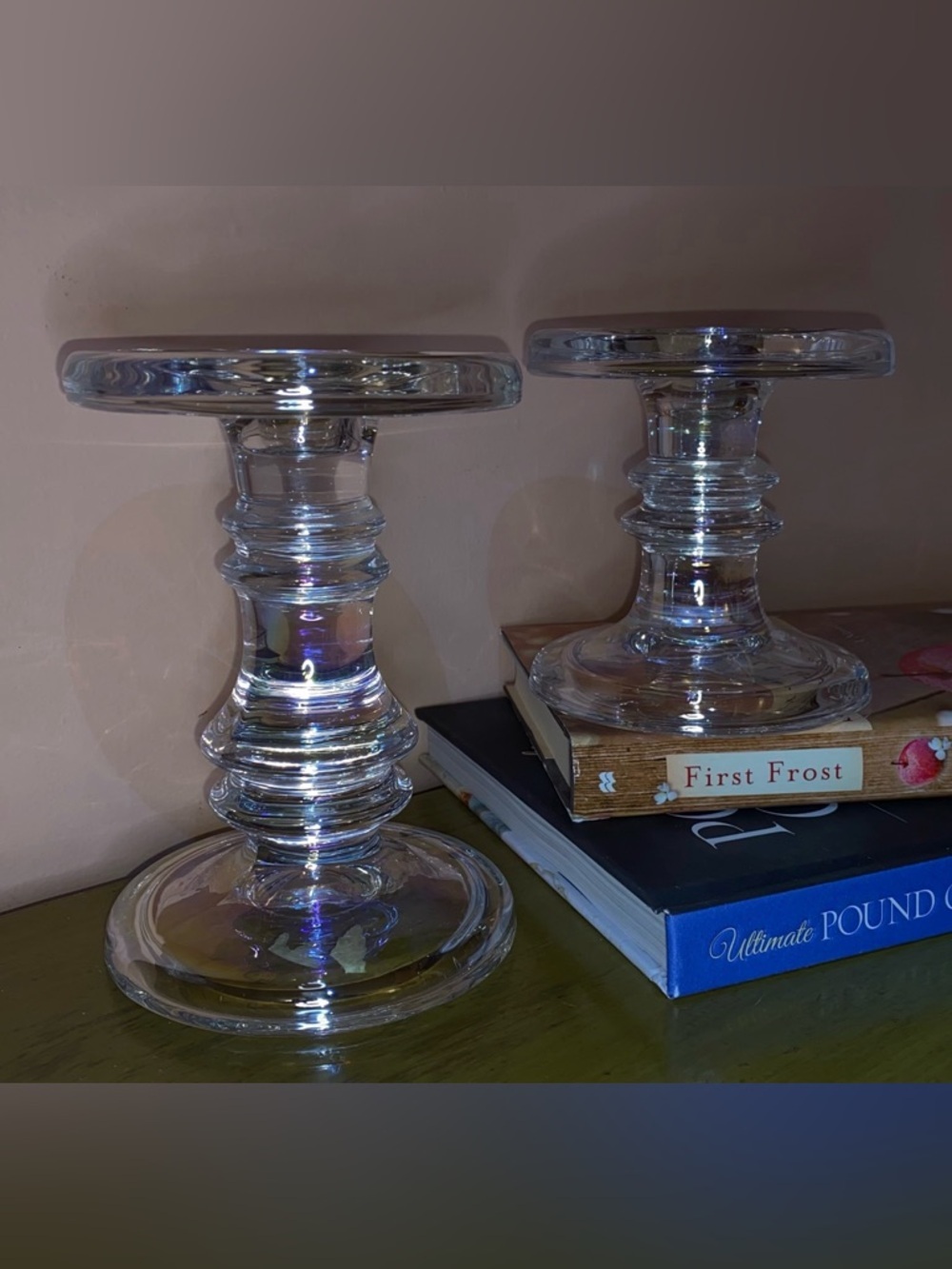 KROSNO POLAND Crystal Pillar & Tapered Candle Holders Iridescent Rainbow Set/2